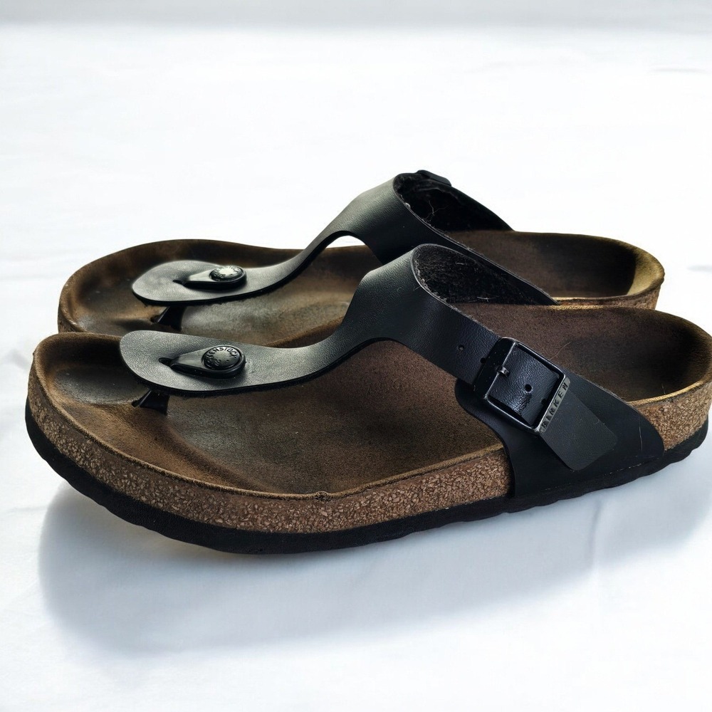 Birkenstock‎ Arizona Black Leather Thong Sandals Cork Footbed Size Unknown Comfy